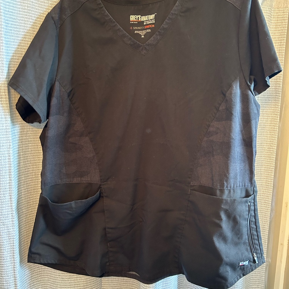 Grey's Anatomy women’s black Scrub Top with camo accents